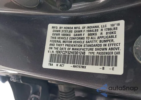 2017 Honda Civic Lx из США, поврежденный, VIN 19XFC2F52HE001248